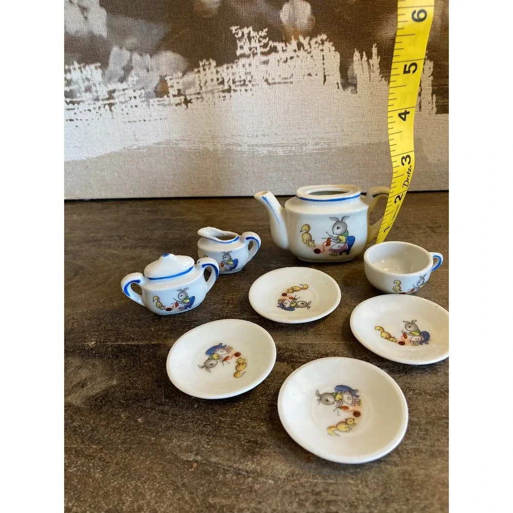 Vintage Miniature Porcelain Tea Set Bunny Squirrel Knitting Made in Japan 8pc